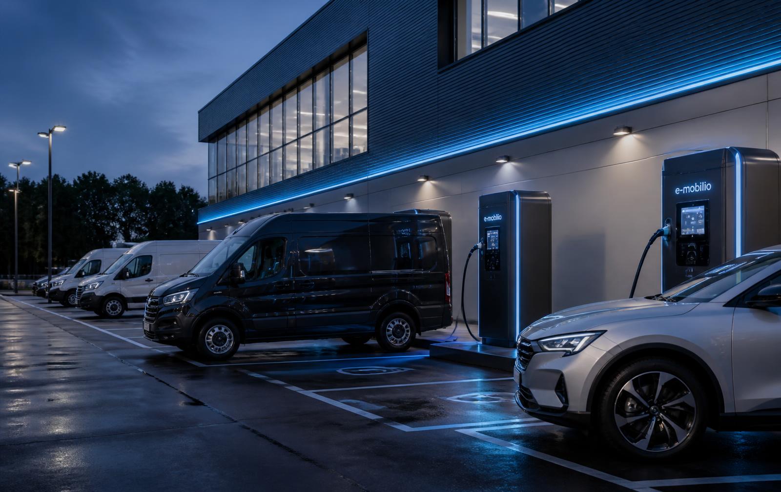 Carregadores para veículos elétricos instalados em pátio corporativo com frota